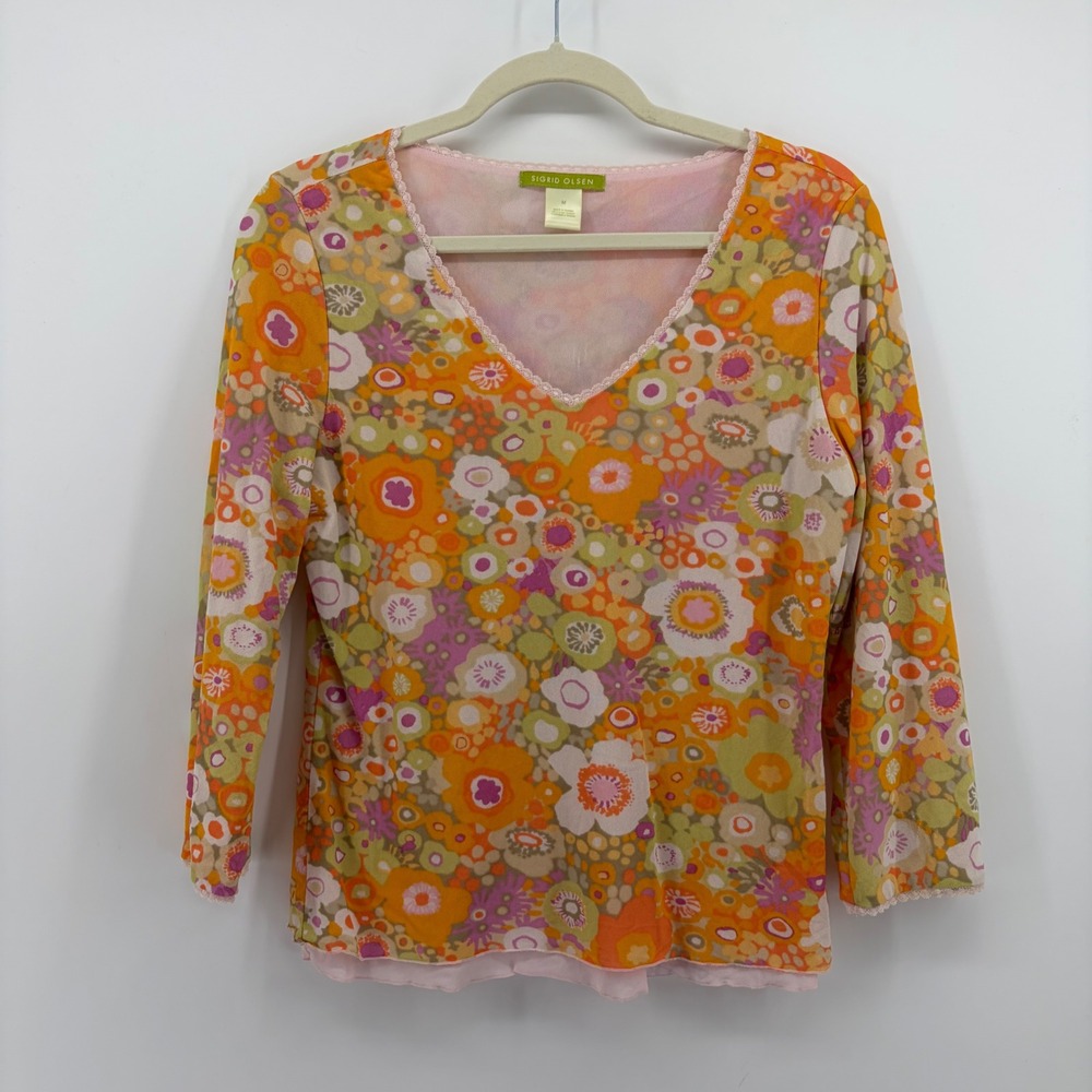 Sigrid Olsen Womens Medium Orange Floral Mesh Top V-Neck Lace Trim Y2K Retro - Picture 1 of 6